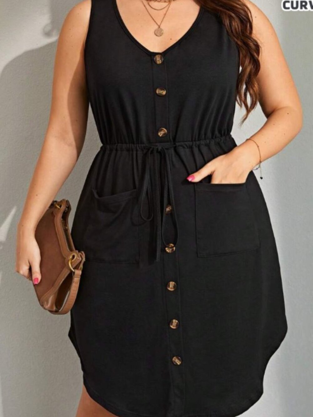 Classic Black Button-Front Sleeveless Dress